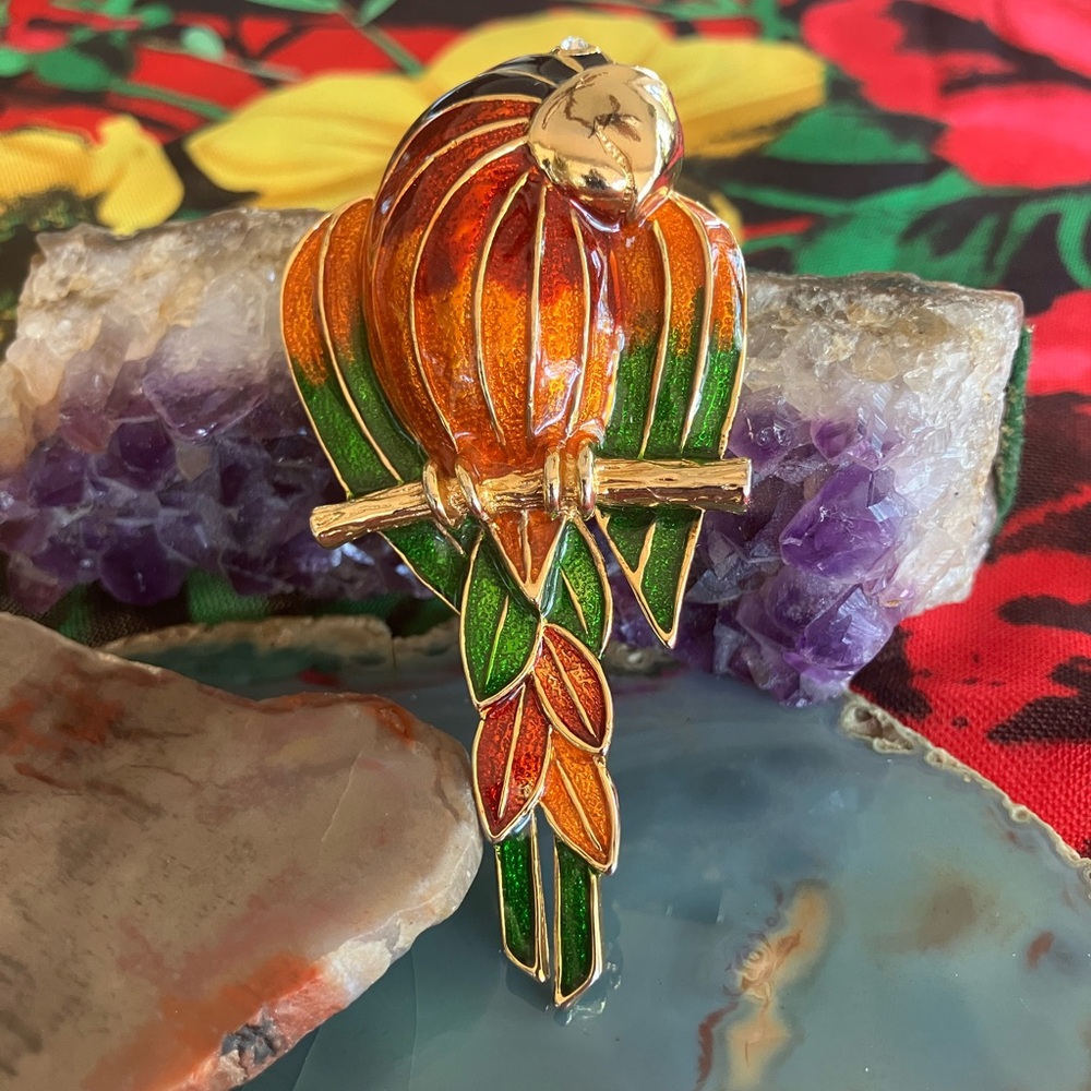 Enamel Parrot Pin Brooch - Orange & Green